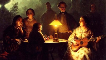 A Summer Evening by Lamp and by Moonlight,  Petrus van Schendel